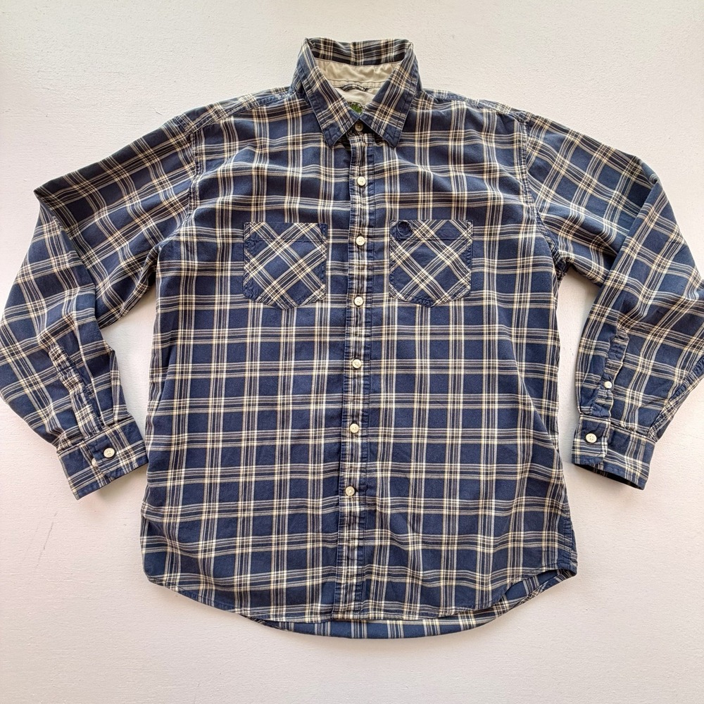 Timberland Mens Large Plaid Flannel Button Down Shirt Blue/Tan 100% Cotton